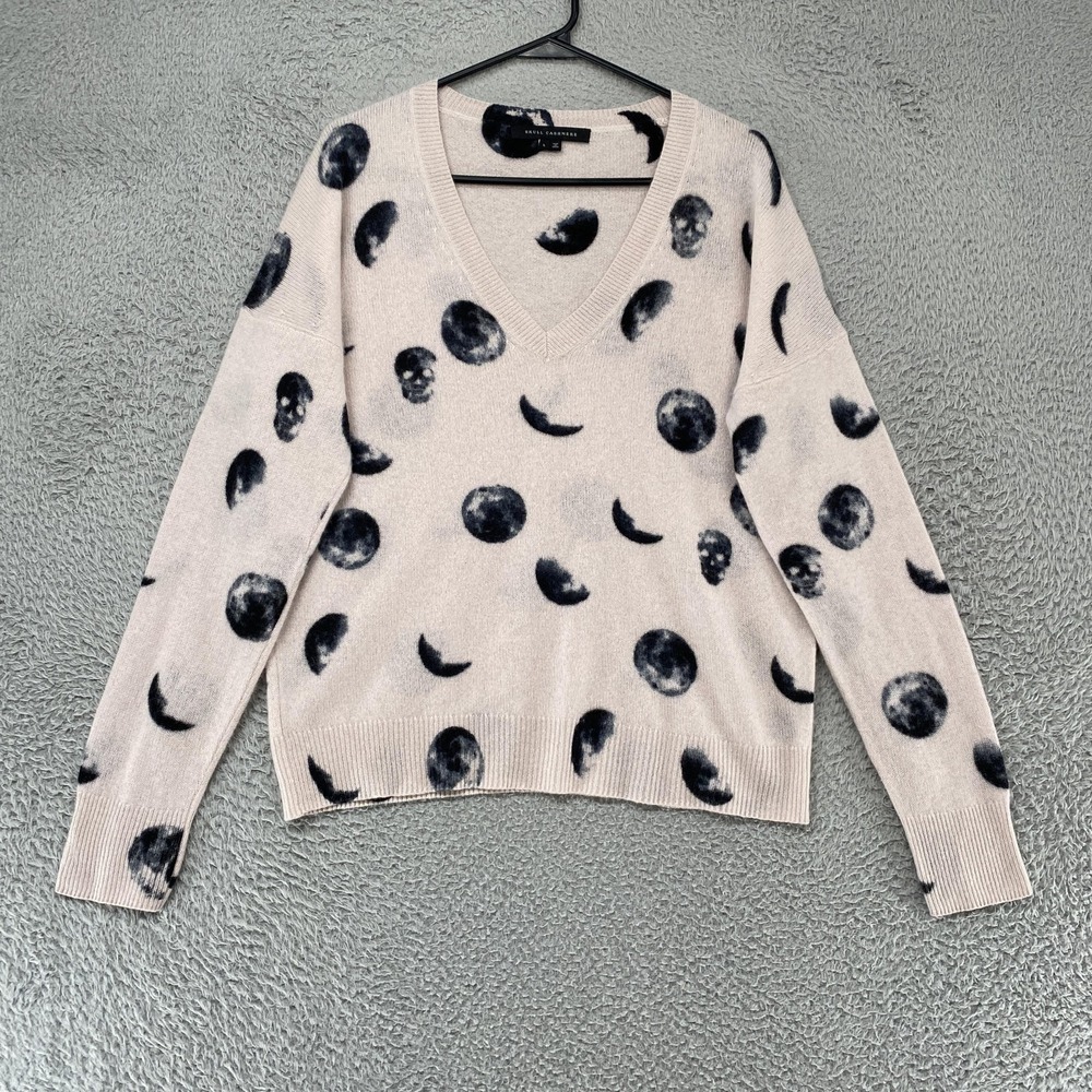 Skull Cashmere Sweater Womens Large 100% Cashmere Moon Skull V Neck Lunar‎ Love